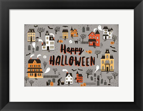 Framed Spooky Village I Gray Print