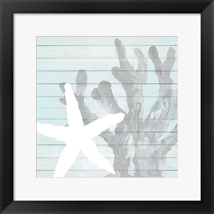 Framed Starfish on Blue Wood Print