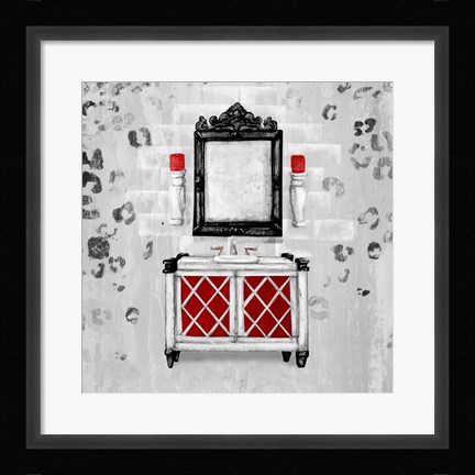 Framed Red Antique Mirrored Bath Square I Print