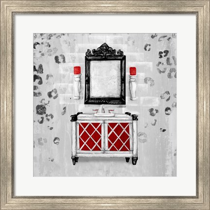 Framed Red Antique Mirrored Bath Square I Print