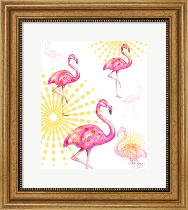 Framed Fashion Flamingos Burst I Print