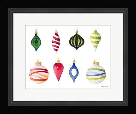Framed Christmas Ornaments Watercolor I Print