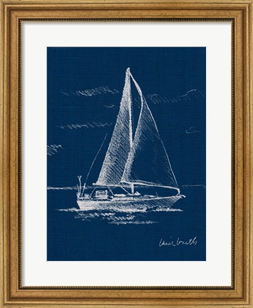 Framed Sailboat on Blue Burlap I Print