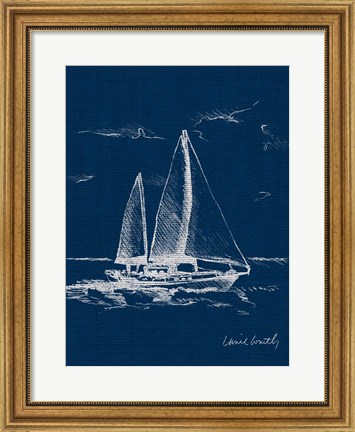 Framed Sailboat on Blue Burlap II Print