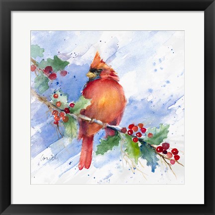 Framed Cardinal on Holly Branch Print
