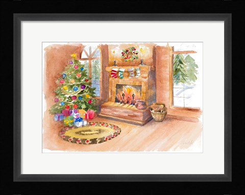 Framed Santa's Fireplace and Tree Scene Print