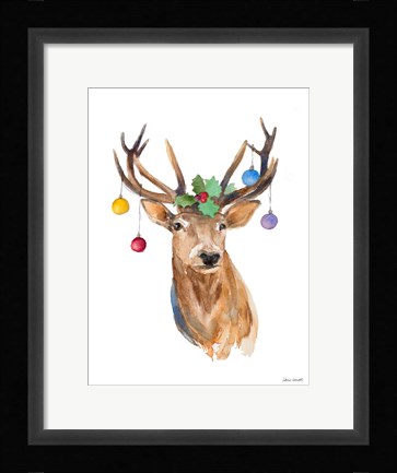 Framed Deer with Holly and Ornaments Print
