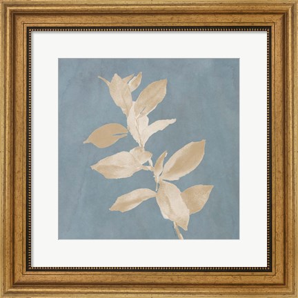 Framed Tan Leaf on Blue Square I Print
