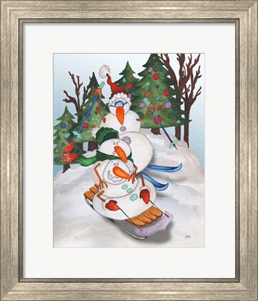 Framed Sledding Snowmen Print