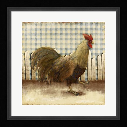 Framed Rooster on Damask I Print