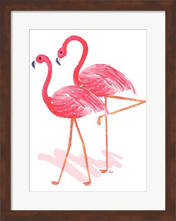 Framed Flamingo Walk Watercolor II Print