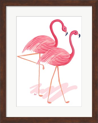 Framed Flamingo Walk Watercolor I Print