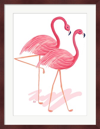 Framed Flamingo Walk Watercolor I Print
