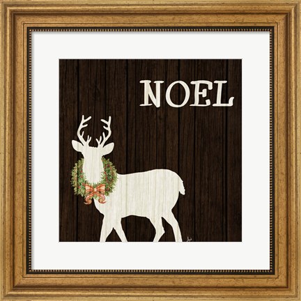 Framed Wooden Deer with Wreath I Print