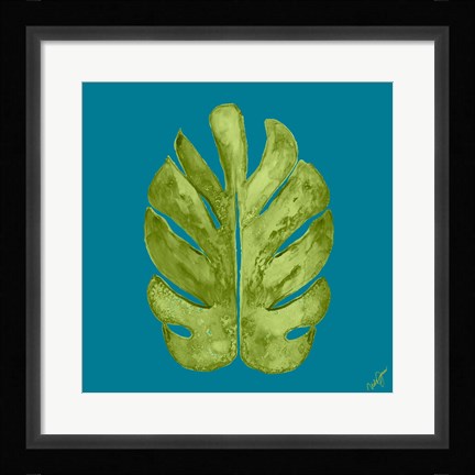 Framed Leaf On Teal I Print
