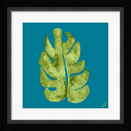 Framed Leaf On Teal II Print