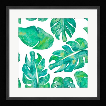 Framed Aqua Leaves On White Print