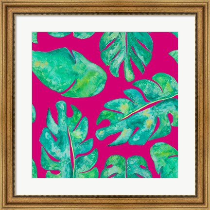 Framed Aqua Leaves On Pink Print