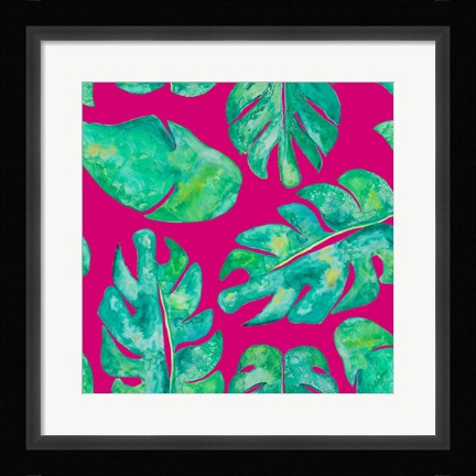 Framed Aqua Leaves On Pink Print