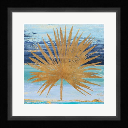 Framed Gold and Teal Leaf Palm I Print