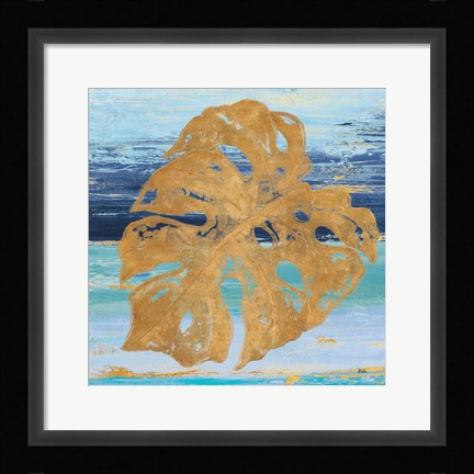 Framed Gold and Teal Leaf Palm II Print
