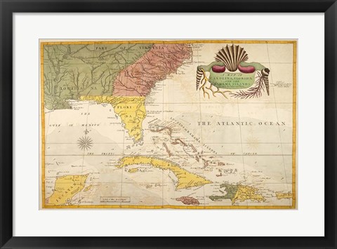 Framed Map of Carolina, Florida &amp; the Bahama Islands Print