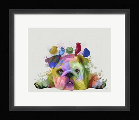 Framed English Bulldog and Birds, Rainbow Splash Print