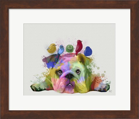 Framed English Bulldog and Birds, Rainbow Splash Print