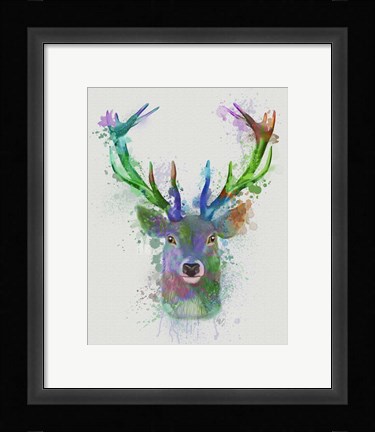 Framed Deer Head 1 Rainbow Splash Blue and Green Print