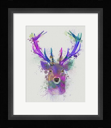 Framed Deer Head 1 Rainbow Splash Pink and Purple Print