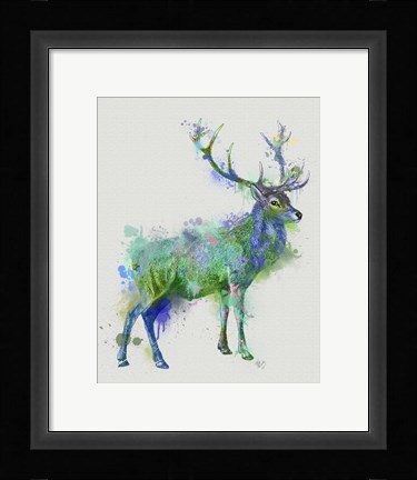 Framed Deer 1 Rainbow Splash Green Blue Print