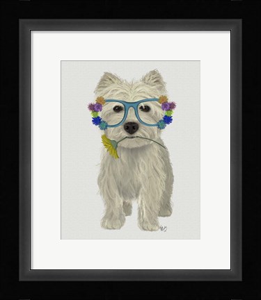 Framed West Highland Terrier Flower Glasses Print