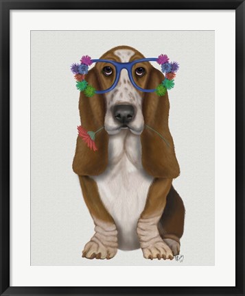 Framed Basset Hound Flower Glasses Print