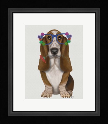 Framed Basset Hound Flower Glasses Print
