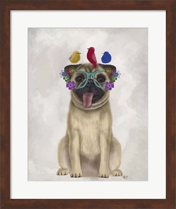 Framed Pug and Flower Glasses Print