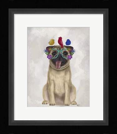 Framed Pug and Flower Glasses Print