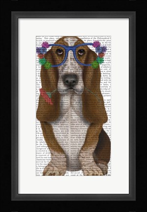 Framed Basset Hound Flower Glasses Print