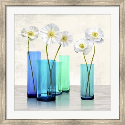 Framed Poppies in crystal vases (Aqua I) Print