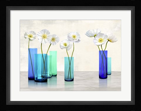Framed Poppies in crystal vases (Aqua palette) Print
