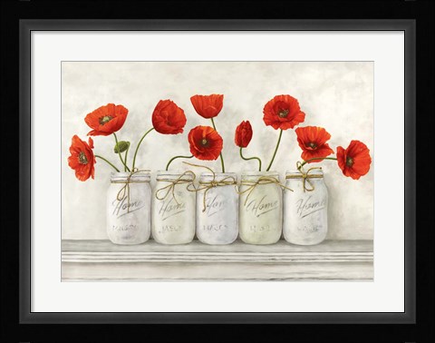 Framed Red Poppies in Mason Jars Print