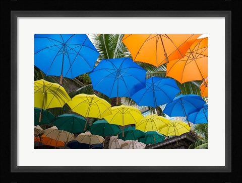 Framed Mauritius, Port Louis, Caudan Waterfront Area With Colorful Umbrella Covering Print