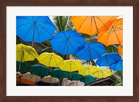 Framed Mauritius, Port Louis, Caudan Waterfront Area With Colorful Umbrella Covering Print