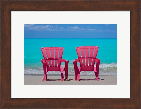 Framed Bahamas, Little Exuma Island Pink Chairs On Beach Print