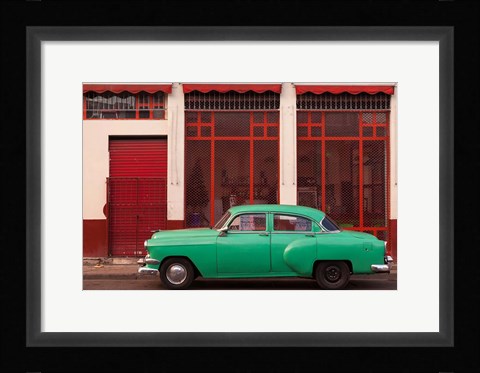 Framed Cuba, Havana Green Car, Red Building On The Streets Print