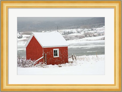 Framed North America, Canada, Nova Scotia, Cape Breton, Cabot Trail, Red Shed In Winter Print