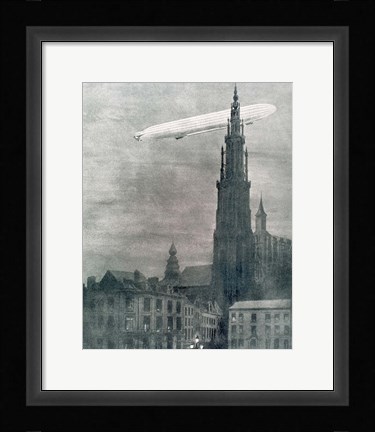 Framed WORLD WAR I (1914-1918) First German Zeppelin Over Antwerp Print