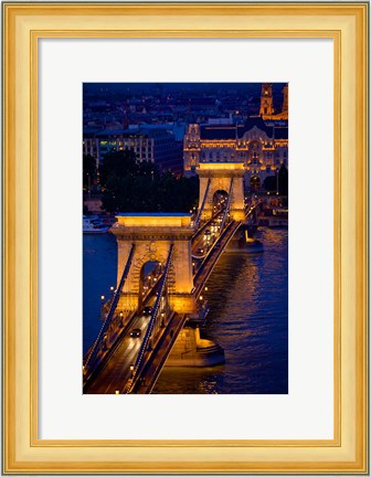 Framed Hungary, Budapest Chain Bridge Lit At Night Print