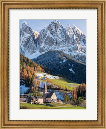 Framed Church Sankt Magdalena In Villnoess Valley In Autumn, Geisler Mountains Italy Print
