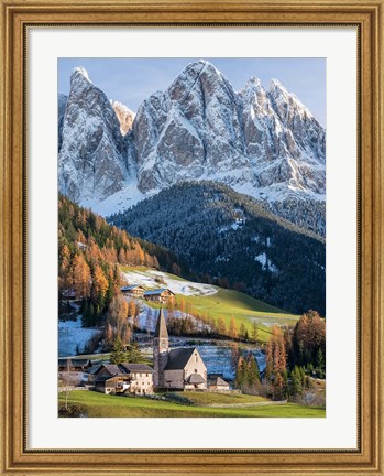 Framed Church Sankt Magdalena In Villnoess Valley In Autumn, Geisler Mountains Italy Print