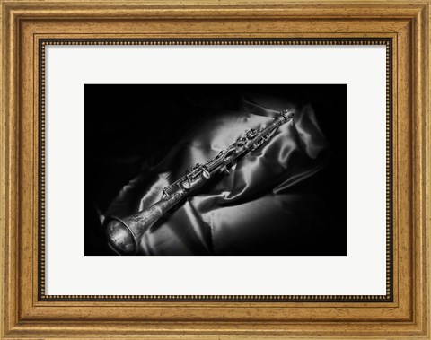 Framed Black And White Still-Life Image Of A Brass Clarinet Print